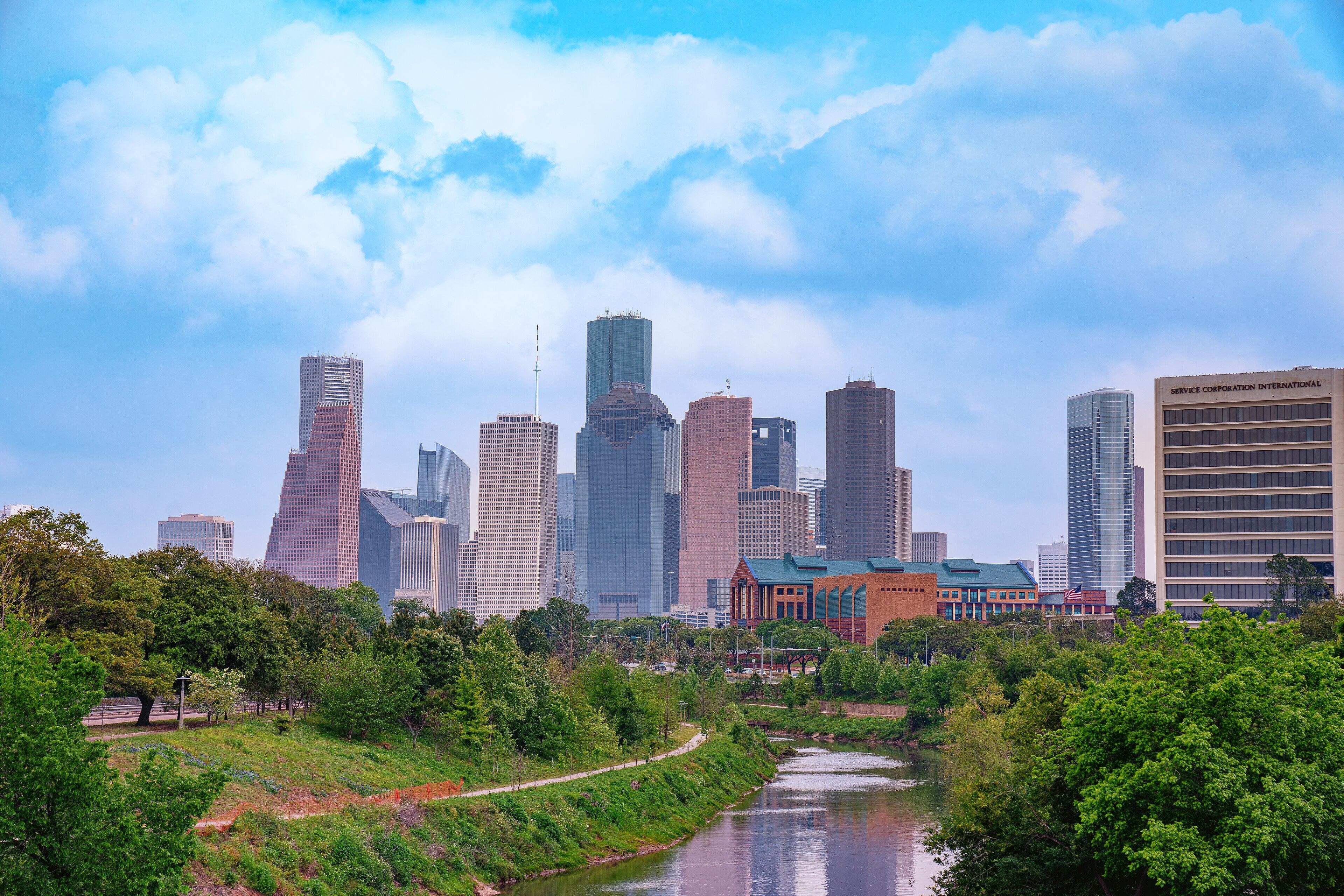 The Houston skyline over Buffalo Bayou